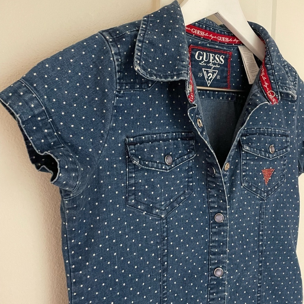 Kids Girls Guess Denim Dress, Cap Sleeve, Snap Up with Dots, Size 14 Jean Dress - Picture 3 of 12